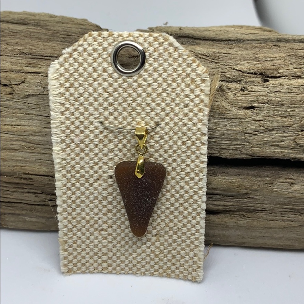 Genuine brown sea glass pendant golden pinch bail